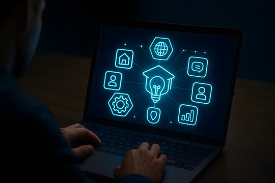 Student using laptop for online education with digital learning icons