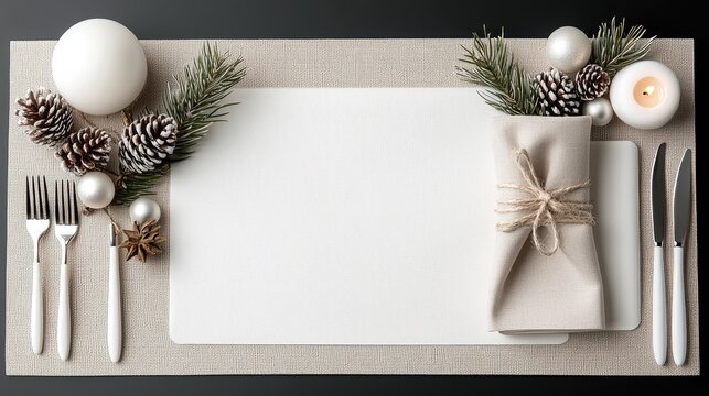 A festive Christmas table setting features a white placemat with cutlery, a folded napkin, pine cones, ornaments, and a lit candle.