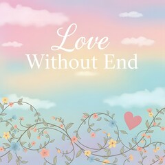 A soft pastel-colored sky with clouds, intertwined floral vines, and a heart symbol, accompanied by the inspiring phrase 'Love Without End' in elegant white script