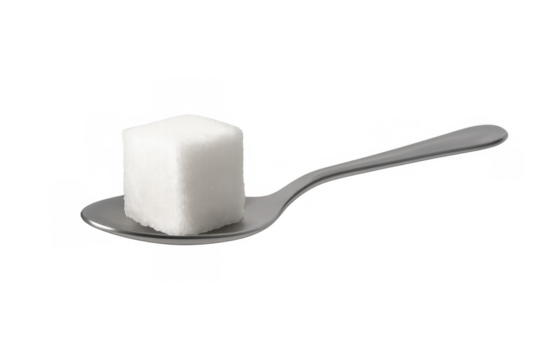 Sugar cube resting on a metal spoon, representing sweetness, unhealthy consumption, diet, glucose, and food ingredient