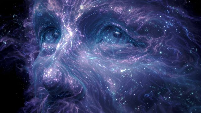 Divine cosmic god face emerging from space nebula