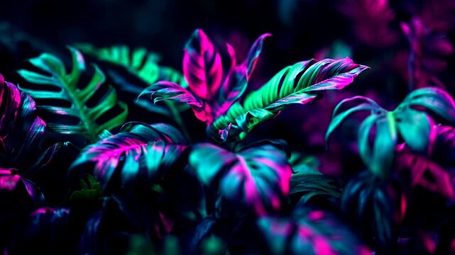 Tropical leaves illuminated by vibrant pink and turquoise neon light in a dark, exotic jungle setting