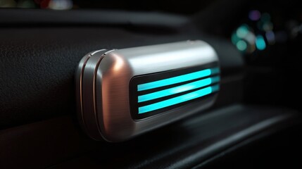 Car Air Purifier Ionizer, sleek metallic design, LED glow accents, premium automotive interior, cinematic soft lighting, modern clean tech aesthetic