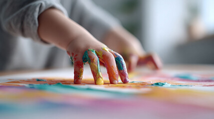 Closeup of a childs hands covered in vibrant paint, creating a colorful artwork. Symbolizes creativity, childhood joy, learning,  artistic expression.