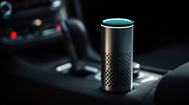 Car Air Purifier Ionizer, sleek metallic design, LED glow accents, premium automotive interior, cinematic soft lighting, modern clean tech aesthetic