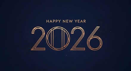 Elegant art deco style golden numerals 2026 with happy new year text on a dark blue background celebrating the upcoming year with sophistication and style