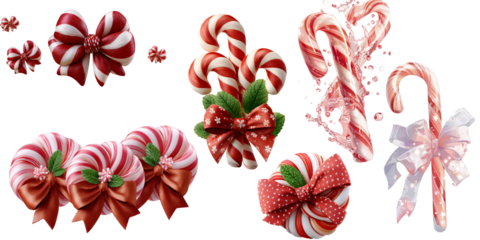 Colorful peppermint candy with red polka dot bow and green leaf, isolated on transparent background, perfect for holiday-themed designs and decorations. transparent background, isolated image