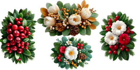 Colorful floral arrangement featuring various flowers, leaves, and pine cones, creating a vibrant and natural illustration with copy space. transparent background, isolated image