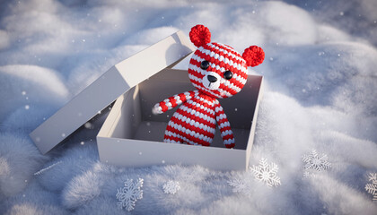 Whimsical holiday surprise a candy cane striped teddy bear nestled snug inside a gift box surrounded by soft faux snow and delicate snowflakes