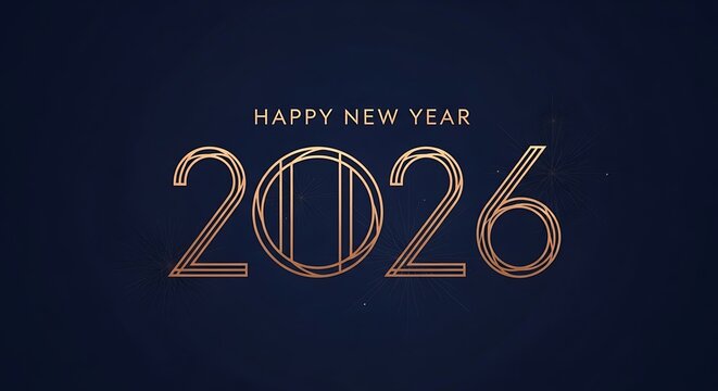 Elegant art deco style golden numerals 2026 with happy new year text on a dark blue background celebrating the upcoming year with sophistication and style - Powered by Adobe