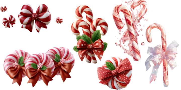 Colorful peppermint candy with red polka dot bow and green leaf, isolated on transparent background, perfect for holiday-themed designs and decorations. transparent background, isolated image