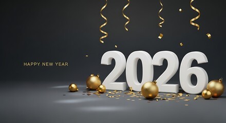 Happy new year 2026 celebration with large white numerals golden confetti and shimmering streamers against a dark background symbolizing a festive and hopeful start to the new year