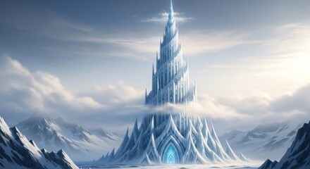 Majestic Ice Castle Towering Over Snowy Mountain Landscape.