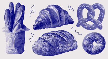 Bakery monochrome set with baguettes, croissant, pretzel, bread loaf and bun. Threshold textures style illustration of baked goods for packaging, cafe branding, menus and food creative design.