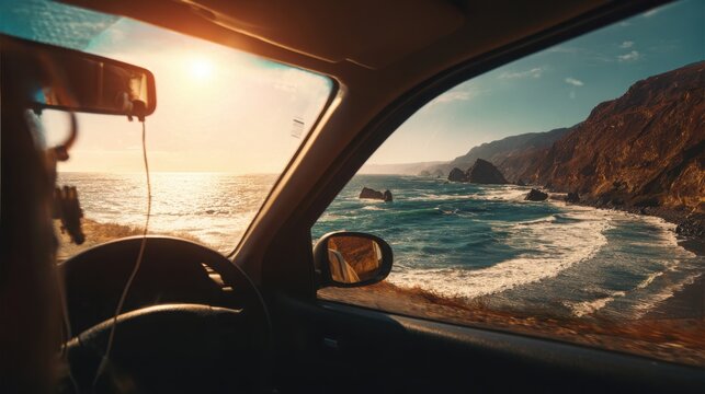 car driving along coastal highway, ocean waves and cliffs, sun shining, headphones playing music, uplifting and free atmosphere, bright and warm