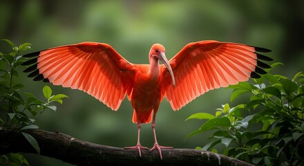 Vibrant scarlet ibis with wings spread wide on jungle branch