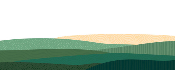 Green farm, abstract agriculture, garden template, field layout vector textured illustration. Green nature pattern, crop, hill, mountains. Ecological wavy ornament, eco header, sustainable scenic view