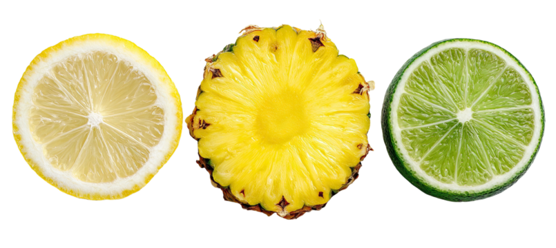 Three bright fruit slices lemon, pineapple, and lime, on black