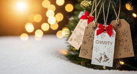 Charity tags hanging from Christmas tree with snow and lights  