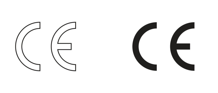 Vector Shape Graphic Design Illustration Element Icon Set with CE Certification Symbols in Outline and Solid Styles, Isolated Compliance Mark Collection for Business and Product Use.