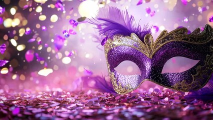 A vibrant masquerade mask glimmers with purple glitter surrounded by colorful confetti at a cheerful celebration