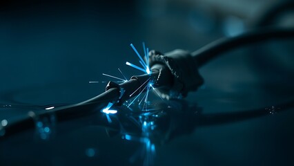 ignitable. A damaged electrical wire submerged in water, emitting faint blue sparks. STEM education sheets, lab safety posters, designed for biotech research communications, used by PR specialists.