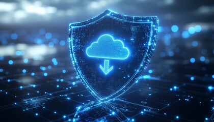 Digital Shield: The image depicts a futuristic data protection concept with a luminous shield over a network cloud, symbolizing secure data transfers and online safety.