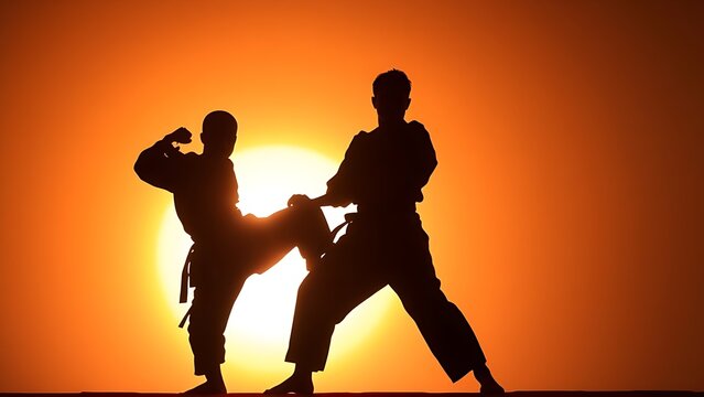 taichi. Two martial artists in a dynamic pose, silhouetted against a vibrant sunset backdrop. inspiring travel planning, event key visuals, designed for fitness apps and gym onboarding.