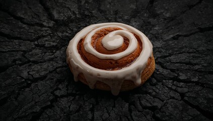 Warm cinnamon roll with creamy white icing on a rugged texture