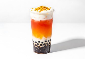 Vibrant layered fruit tea with creamy foam and tapioca pearls in a tall glass