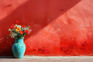 blue vase with flowers on red wall with copy space. vase filled with variety of flowers, including daisies and sunflowers
