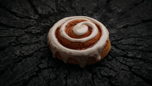 Warm cinnamon roll with creamy white icing on a rugged texture