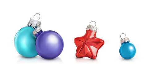 collection of Christmas tree decorations made of red, blue and purple glass, highlighted on a transparent background