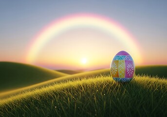 Obraz premium Colorful Easter egg on grass with rainbow in sunset background 