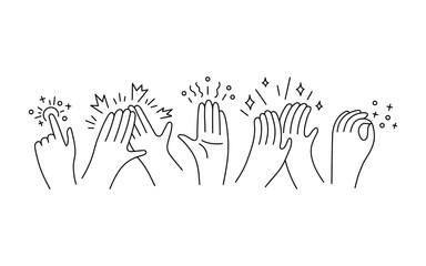 Hands clap doodle line art, applause and appreciate group of people. Congratulations, support, thanksgiving, feedback in hand drawn. Vector illustration