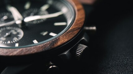 close up macro of a wooden wristwatch on a matte black surface, dramatic soft light, precise craftsmanship visible, luxury eco style
