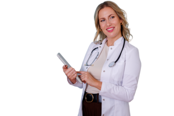 Blonde woman doctor in medical uniform holding tablet, looking away and smiling. Professional medical worker with digital device
