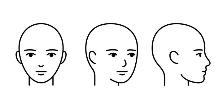 Head full face, profile line icon. Unisex head template rotate without hair. Vector isolated illustration