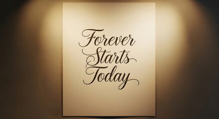 A motivational quote displayed on a wall that reads 'Forever Starts Today' in elegant cursive font, illuminated by warm lighting to inspire positivity and new beginnings