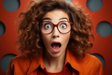 surprised woman with red hair and glasses looking surprised. She wearing orange shirt and has her mouth open