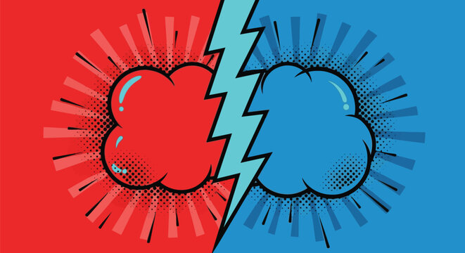 Dynamic red versus blue comic book explosion background showdown