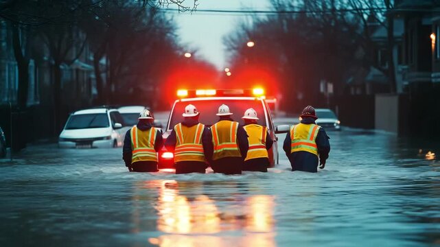 Emergency workers navigate a flooded street with rescue vehicles while dealing with severe weather conditions
