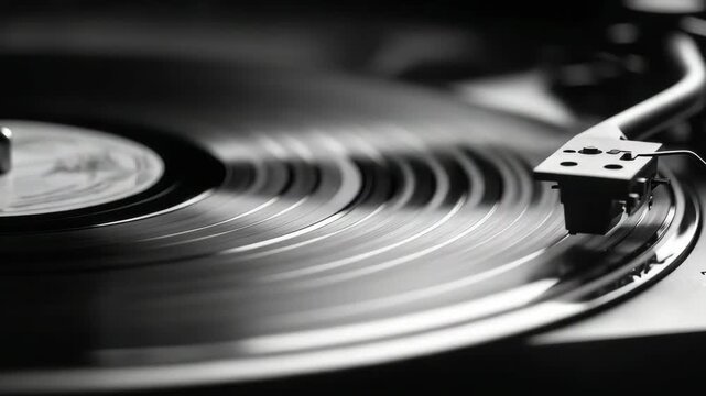 A vinyl record rotates on a turntable, producing rich sound in a cozy setting during the evening hours