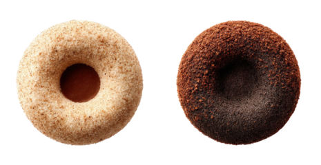 Two frosted donuts, one light, one dark, against black