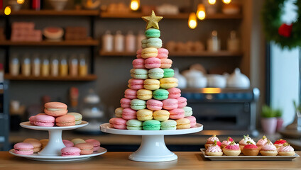 A colorful macaron tower christmas tree, stack of macarons tree, cupcakes, desserts on counter, bakery cafe - food, sweet, Christmas celebration, holiday baking, patisserie, confectionery