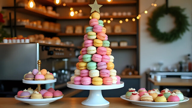 A colorful macaron tower christmas tree, stack of macarons tree, cupcakes, desserts on counter, bakery cafe - food, sweet, Christmas celebration, holiday baking, patisserie, confectionery