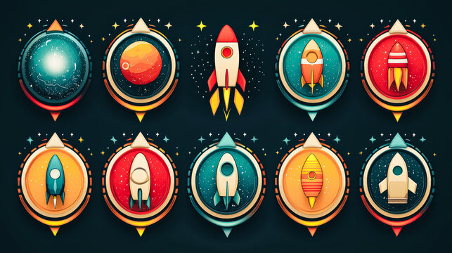 A collection of space-inspired badges showcases rockets, planets, and meteors within dark circular frames, creating a whimsical cosmic atmosphere