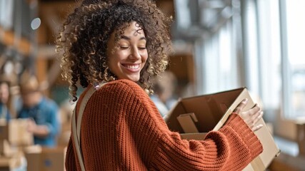 Cheerful volunteer woman packing donation box at charity center