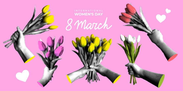 Set of halftone hands holding bouquet of tulips. Collection of female hands with flowers. International women's day. Greeting card for March 8th. Newspaper collage