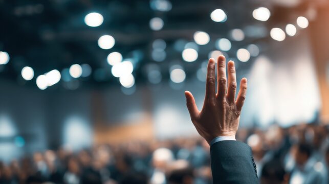 close up of a raised hand of a business professional during a modern conference, blurred audience and stage lights behind, clean corporate setting